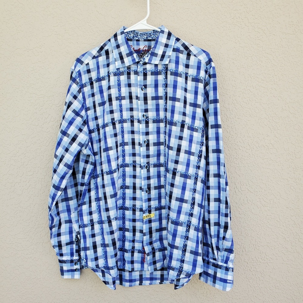 Robert Graham Flip Cuff Floral Button Up Plaid Long Sleeve Classic Fit Large
